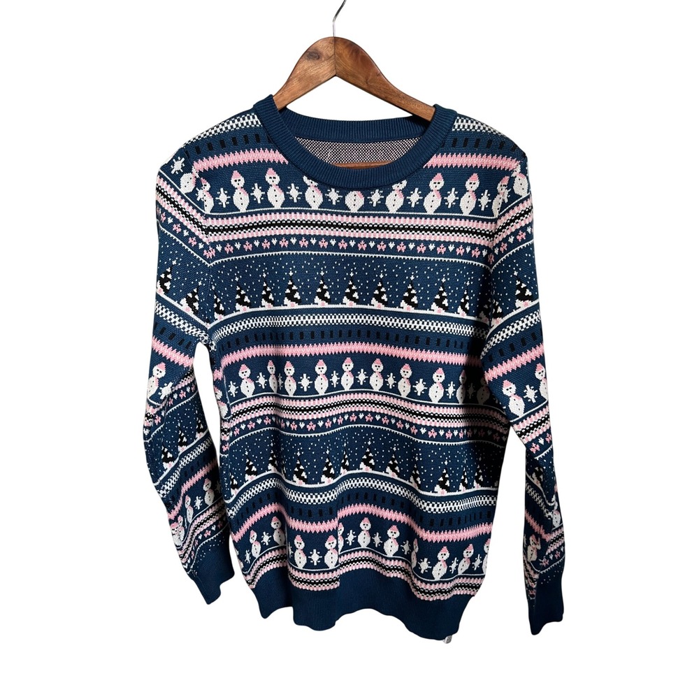 Yesfashion Snowman Fair Isle Holiday Sweater Blue Pink White Large